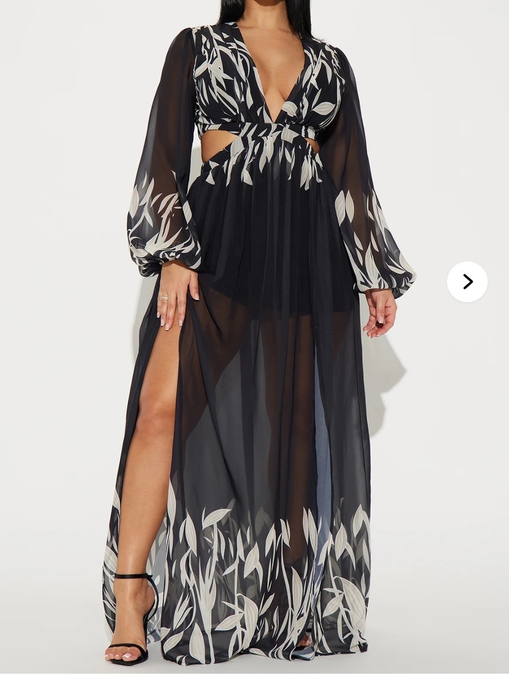 Fashion Nova Black Maxi Dress with White Leaf Print and Side Cutouts